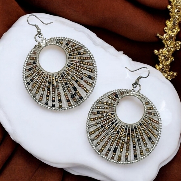 Handcrafted Artisan Indian Beaded Hoop Earrings Boho Chic Statement Jewelry - Picture 9 of 9